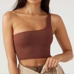 XS/S JOAH BROWN OXBLOOD SINGLE STRAP FLEXRIB ONE SHOULDER CROP TOP